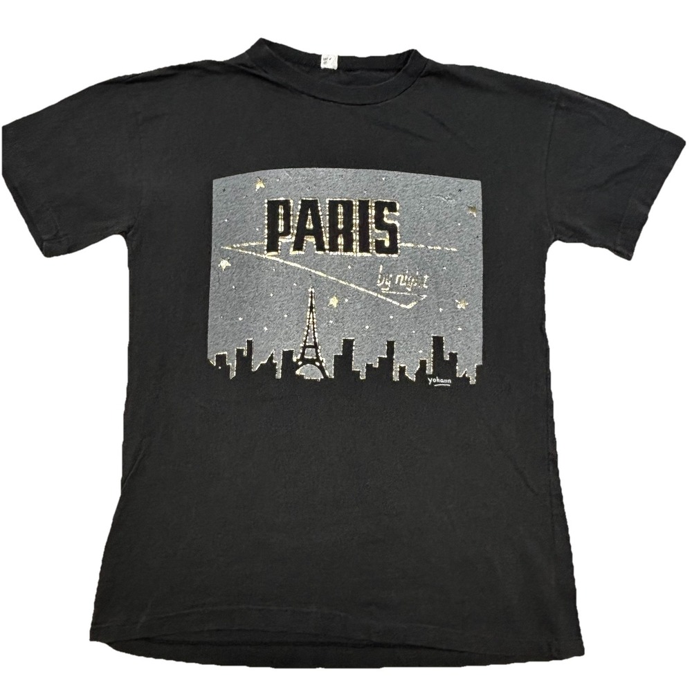 Vintage 90s Paris By Night France Eiffel Tower Black Single Stitch YOHANN Sz S/M